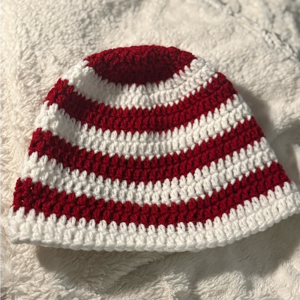 Red and White Striped Crochet Beanie